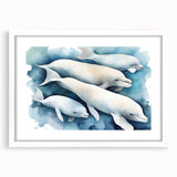 White-framed wall art featuring a vibrant dolphin design in a marine life theme, ideal for coastal decor. Perfect for ocean lovers and enhancing home aesthetics.