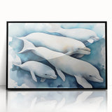 Framed wall art collection showcasing a vibrant dolphin design, featuring an acrylic finish and a sleek black frame, ideal for marine life enthusiasts.