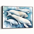 Framed wall art featuring a vibrant dolphin design in a marine life theme, showcasing a sleek black frame and a side view perspective, perfect for ocean-inspired decor.