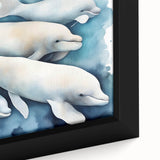 Close-up of a framed canvas wall art featuring a vibrant marine life dolphin design, showcasing intricate details and vivid colors, perfect for ocean-themed decor.
