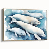 Framed wall art featuring a stunning dolphin design in vibrant colors, elegantly presented with a gold frame, perfect for marine life enthusiasts.