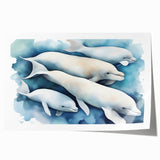 Colorful marine life wall art print featuring a playful dolphin design, ideal for ocean-themed decor, presented as a rolled canvas for easy framing.