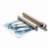 Dolphin-themed wall art print showcasing vibrant marine life colors, ideal for ocean lovers, presented as a rolled canvas for easy display.