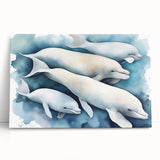 Vibrant dolphin-themed stretched canvas wall art showcasing marine life design, perfect for coastal decor, featuring shades of blue and green for a serene ambiance.