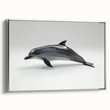 Framed canvas wall art showcasing a detailed dolphin design in shades of blue and silver, perfect for marine life enthusiasts, displayed in a modern interior setting.