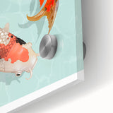 Close-up of a vibrant marine life wall art design featuring a variety of colorful fish and aquatic elements, printed on durable acrylic glass, perfect for home decor.