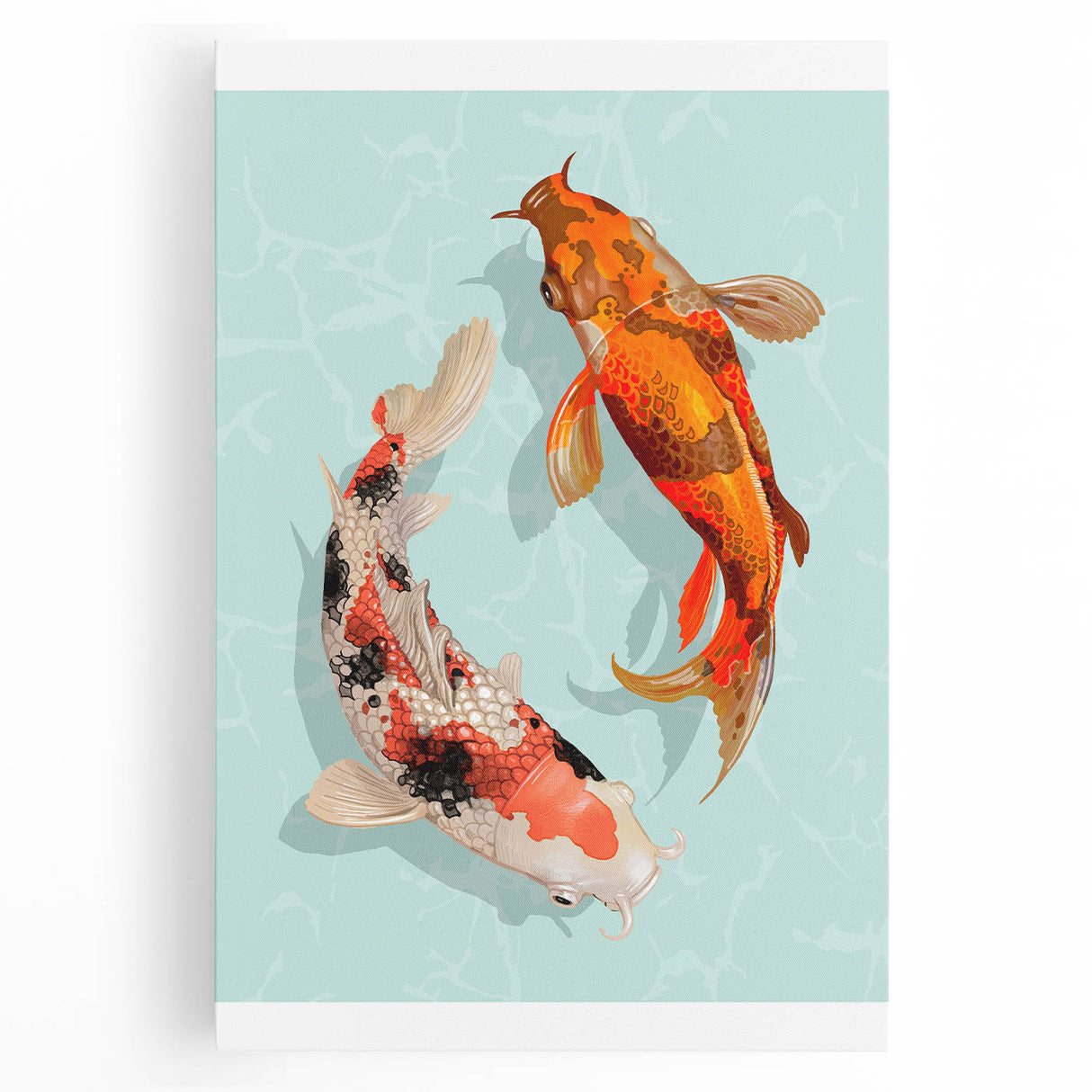 Vibrant marine life wall art on stretched canvas depicting various colorful fish swimming in a coral reef setting, perfect for ocean-themed decor.