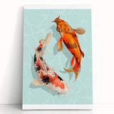 Vibrant marine life wall art design featuring various colorful fish, printed on stretched canvas and leaning against a neutral background, ideal for ocean-themed decor.