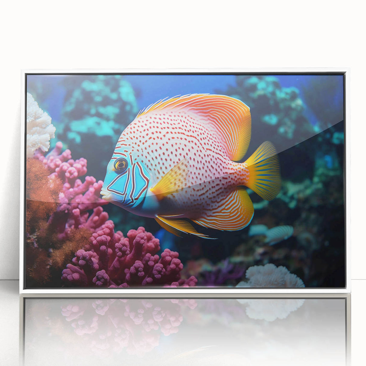 Framed acrylic wall art collection featuring a vibrant marine life fish design, showcasing colorful aquatic creatures against a white background, ideal for ocean-themed decor.