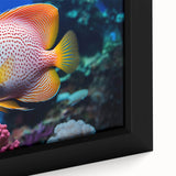 Close-up of a framed canvas wall art showcasing a vibrant marine life design, featuring colorful fish and aquatic elements, perfect for ocean-themed decor.