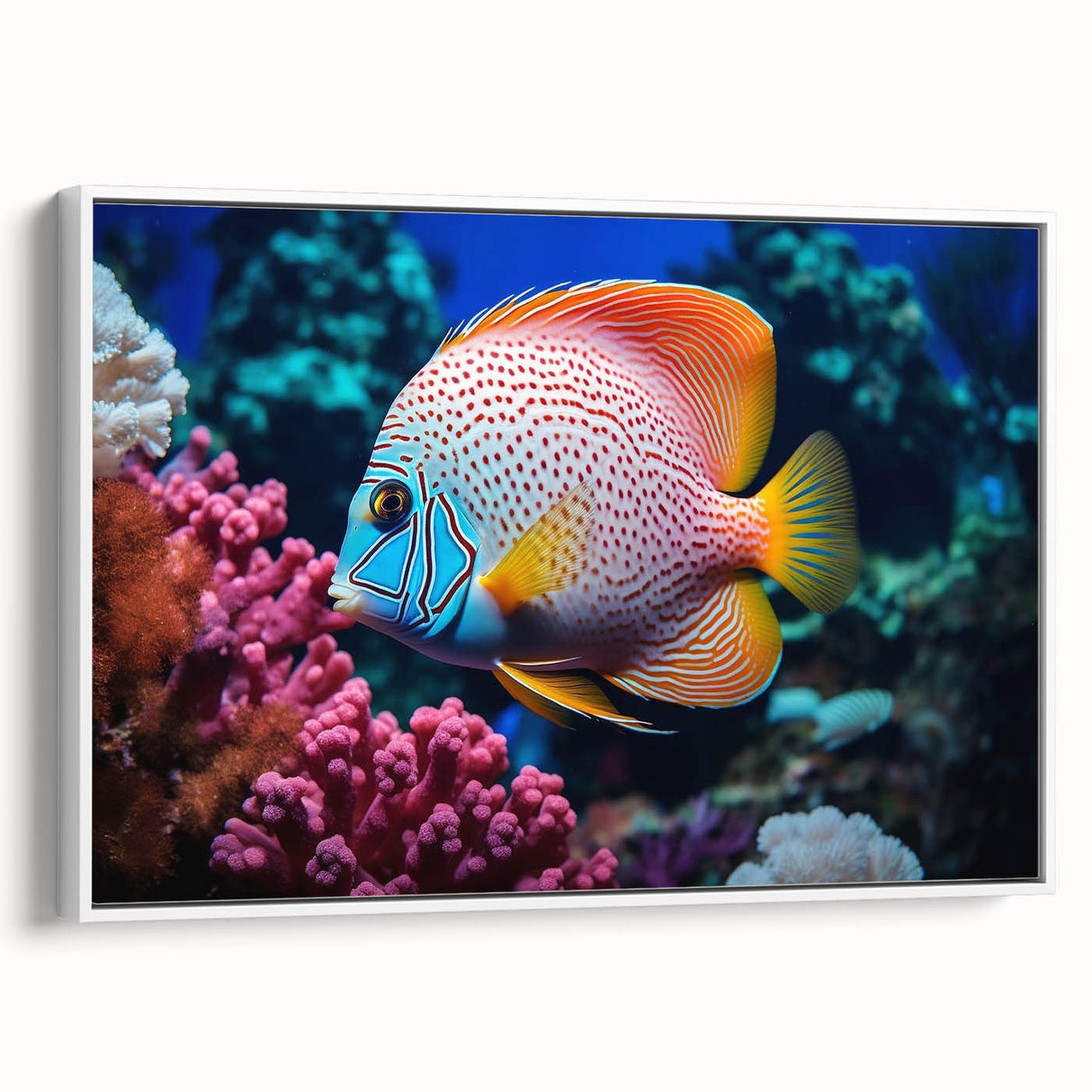 Framed canvas wall art featuring a vibrant marine life fish design in shades of blue and green, displayed from a white side view, ideal for ocean-themed decor.