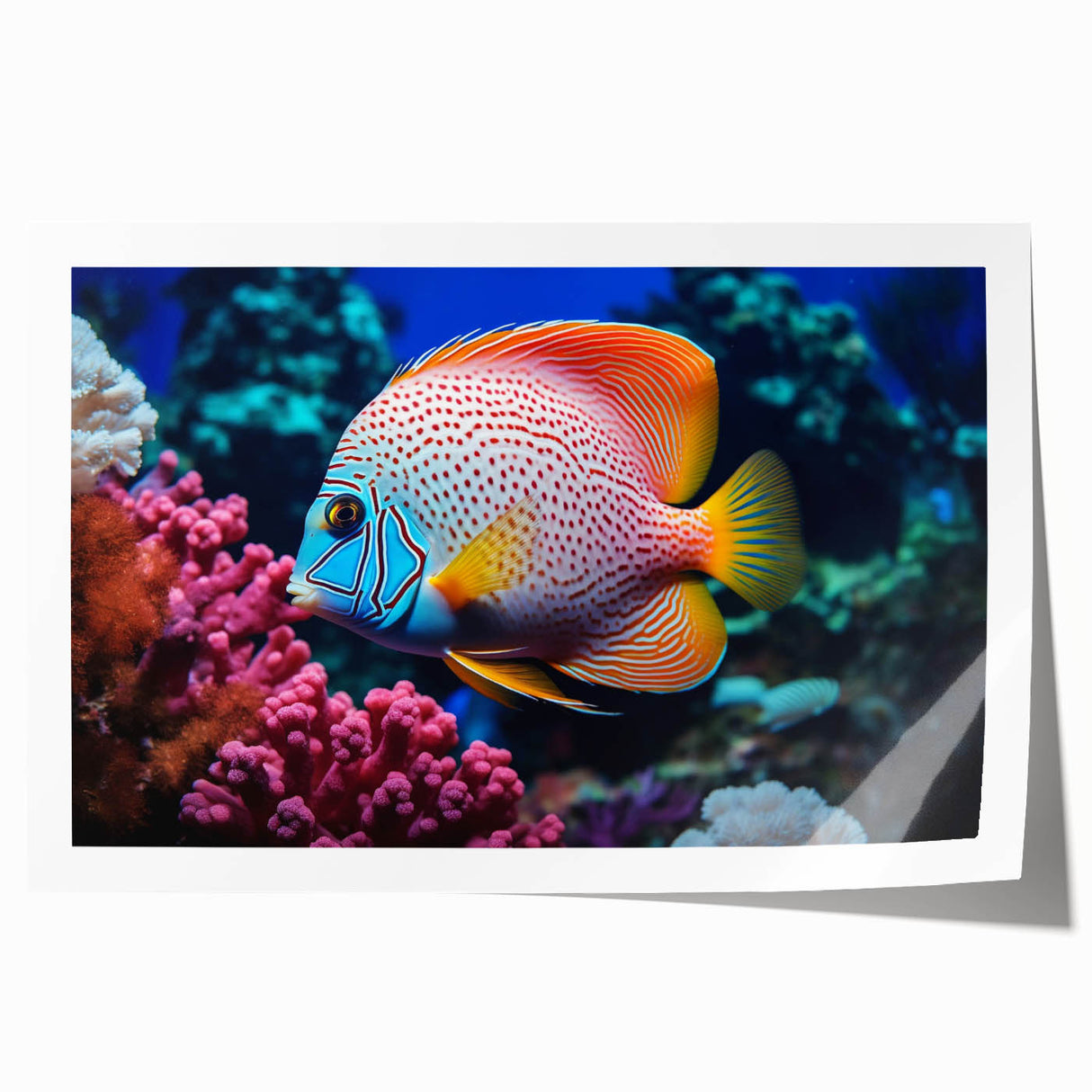 Vibrant marine life wall art print showcasing a colorful fish design, perfect for ocean-themed decor, rolled for easy framing and display.