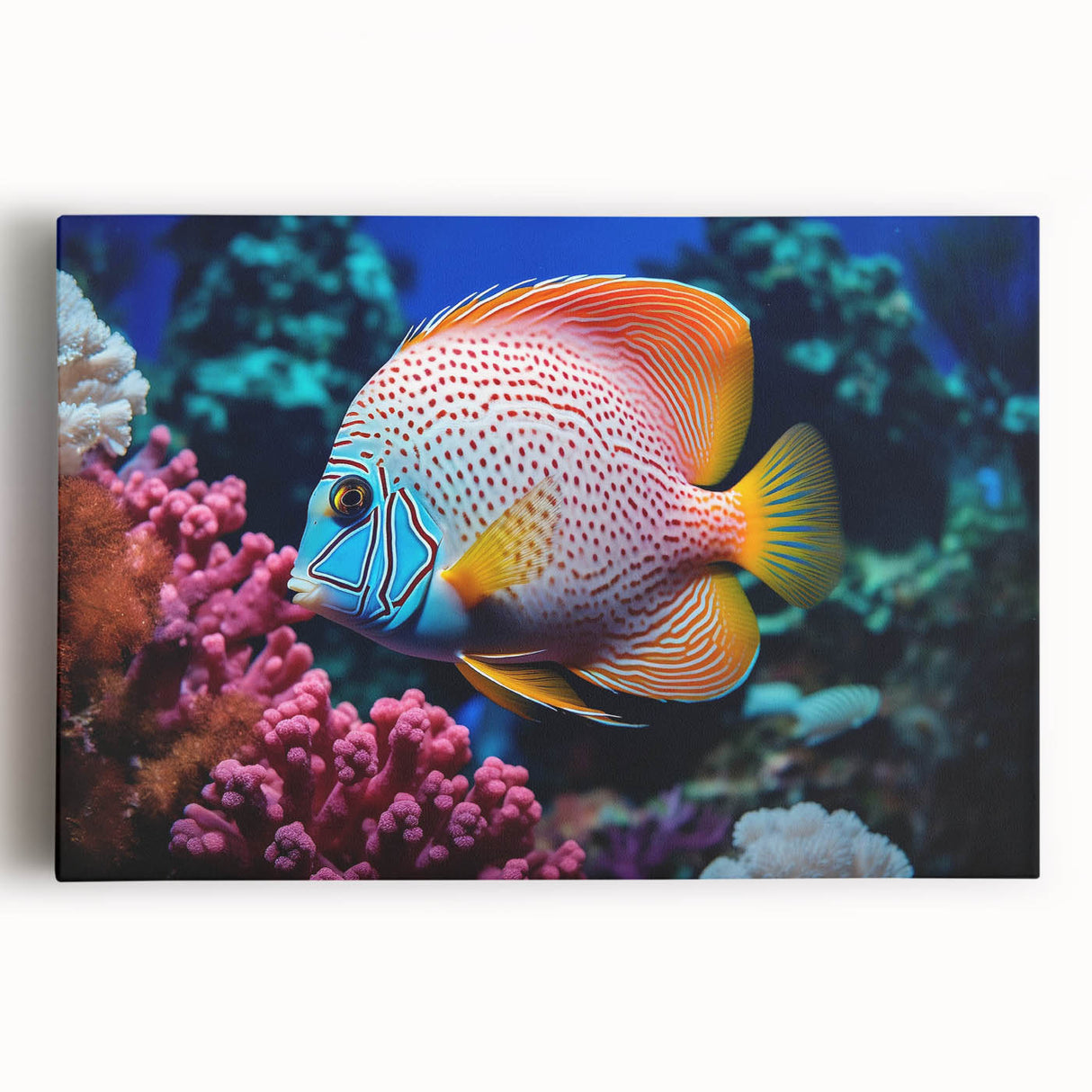 Vibrant marine life wall art featuring colorful fish designs on a stretched canvas, perfect for ocean-themed decor. Ideal for enhancing interior spaces with aquatic inspiration.