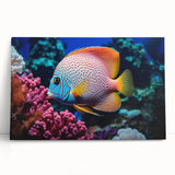 Stretched canvas wall art featuring a vibrant marine life fish design, showcasing colorful ocean fish on a blue background, perfect for beach-themed decor.