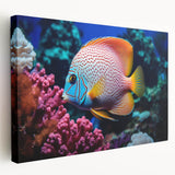 Stretched canvas wall art featuring a vibrant marine life design with colorful fish swimming amidst coral, perfect for ocean-themed decor in homes or offices.