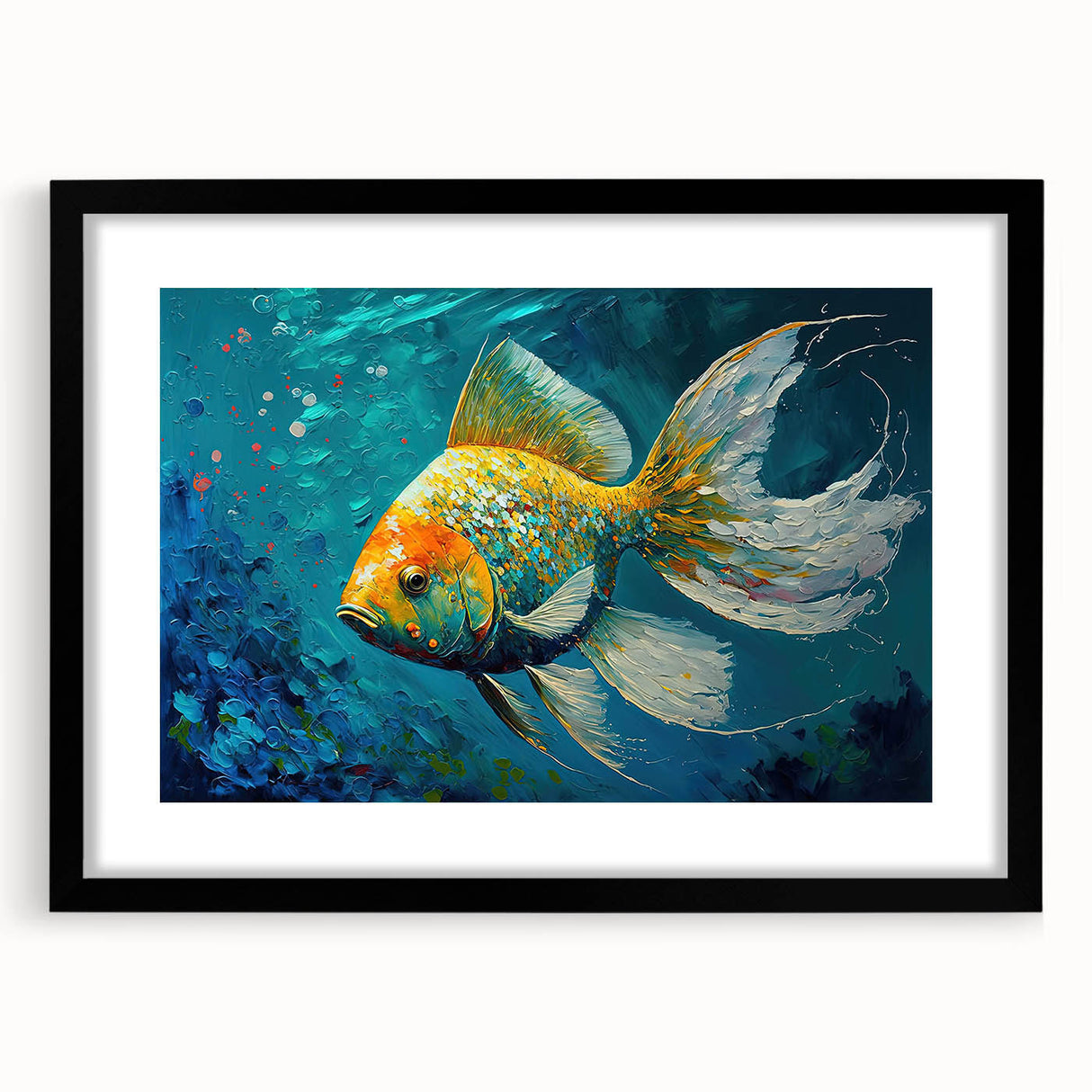 Black-framed wall art showcasing vibrant marine life fish design, perfect for ocean-themed decor, featuring intricate details and a matte finish. Ideal for enhancing living spaces with aquatic charm.