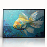 Framed acrylic wall art showcasing a vibrant marine life fish design in a black frame, perfect for ocean-themed decor in homes or offices.