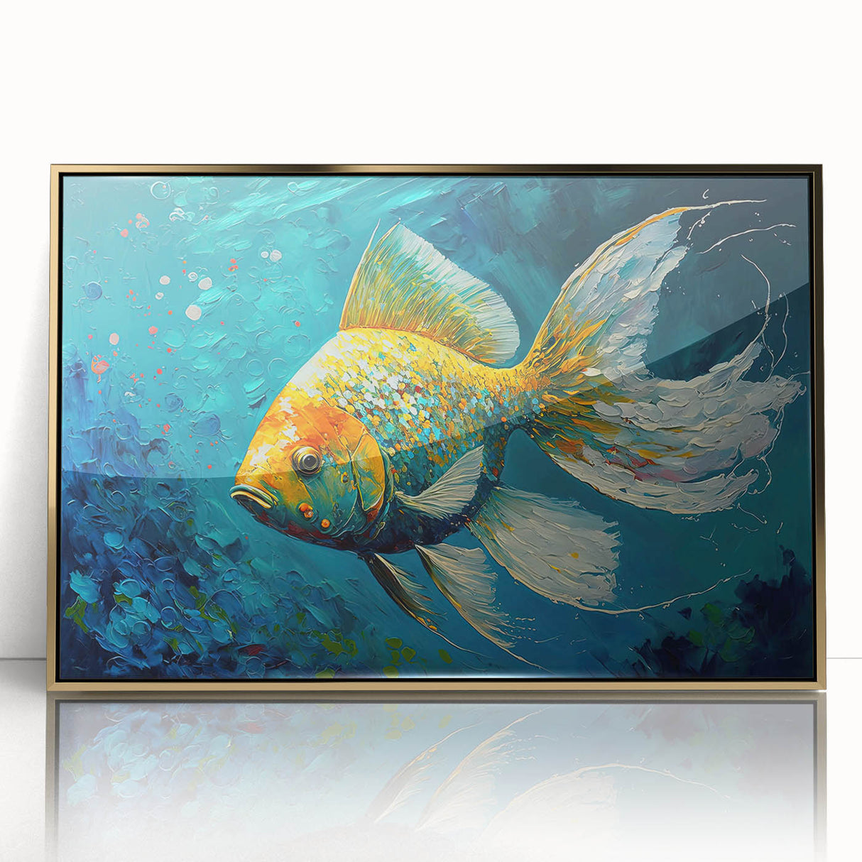 Framed wall art featuring a vibrant marine life fish design, showcasing colorful aquatic creatures on an acrylic surface with a gold frame, perfect for ocean-themed decor.