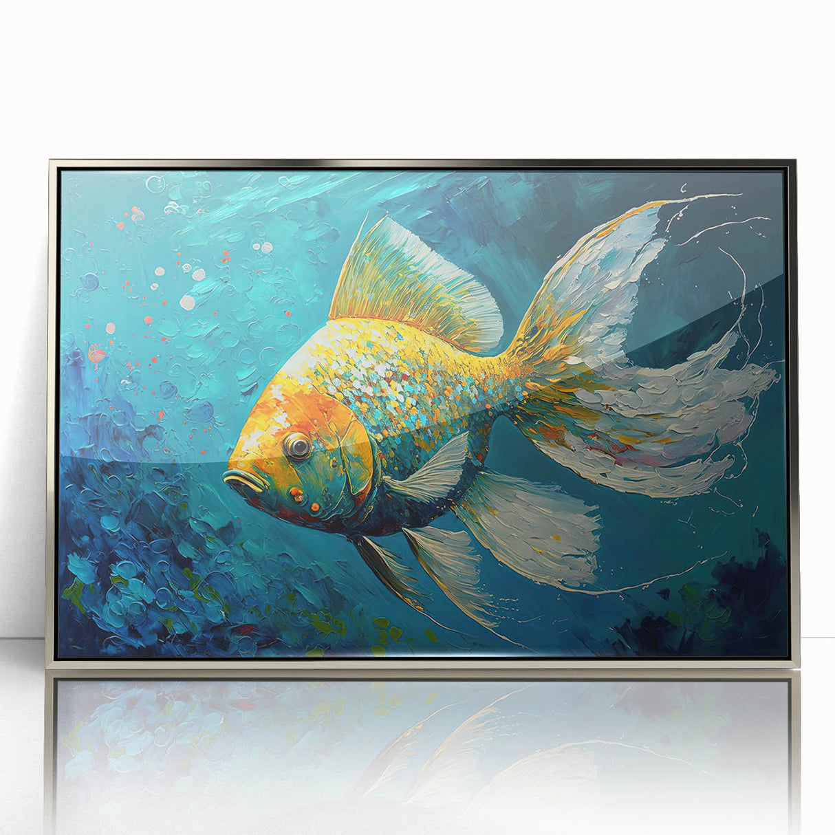 Framed wall art featuring a vibrant marine life fish design in acrylic with a silver frame, showcasing intricate colors and details, ideal for ocean-themed decor.