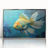 Framed wall art featuring a vibrant marine life fish design in acrylic with a silver frame, showcasing intricate colors and details, ideal for ocean-themed decor.