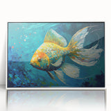 Framed wall art collection showcasing vibrant marine life fish designs in a sleek white frame, perfect for ocean-themed home decor.