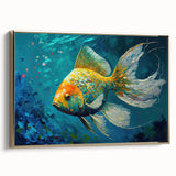 Framed canvas wall art showcasing a vibrant marine life and fish design with gold accents, ideal for coastal-themed decor or ocean lovers' spaces.