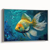 Framed canvas wall art showcasing a vibrant marine life fish design in silver, perfect for ocean-themed decor. Side view highlights the sleek frame and detail.