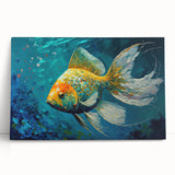 Vibrant marine life canvas wall art showcasing a colorful fish design, beautifully stretched and leaning against a white wall, perfect for ocean-themed decor.