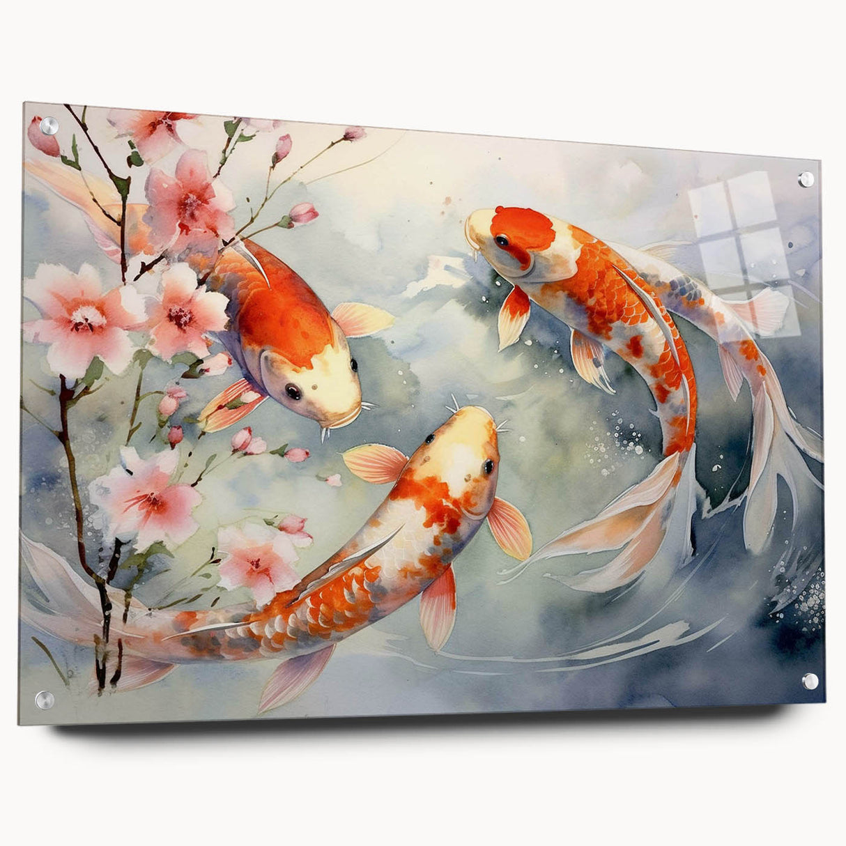 Side view of a marine life wall art piece showcasing colorful fish designs printed on acrylic glass, adorned with decorative pins for easy display. This vibrant artwork enhances ocean-themed decor and adds a touch of aquatic beauty to any space.