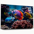 Colorful marine life wall art collection featuring vibrant fish designs printed on acrylic glass, displayed from a side view with visible mounting pins for easy installation.