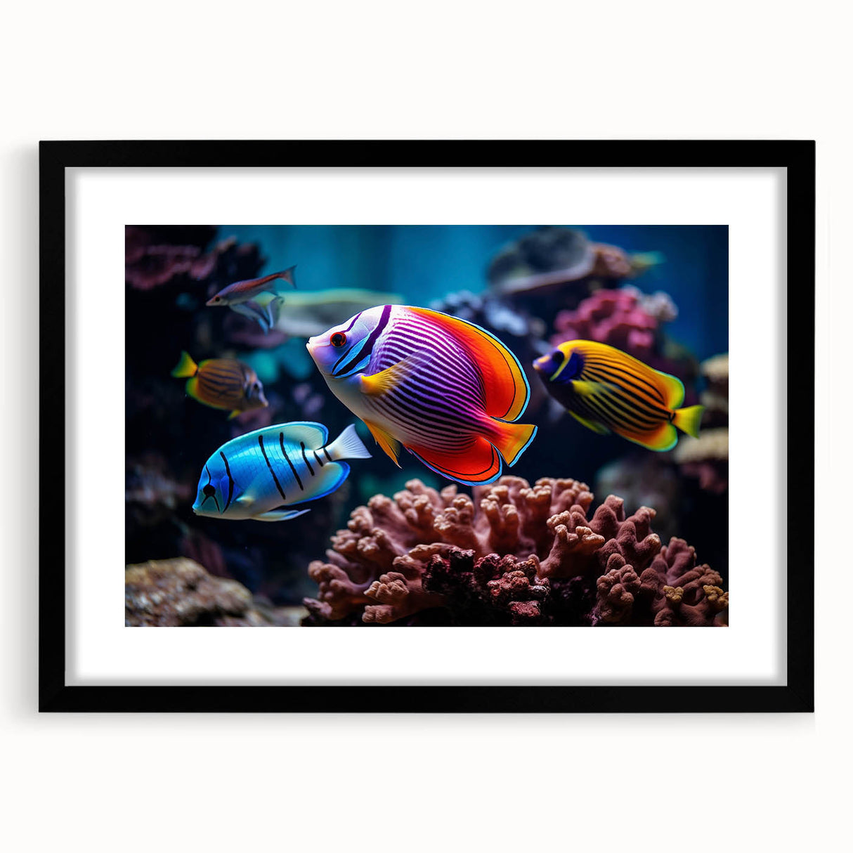 Framed wall art featuring a vibrant marine life fish design in shades of blue and orange, set in a sleek black frame with a white mat, ideal for coastal decor.