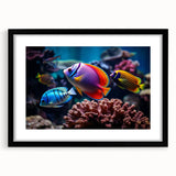 Framed wall art featuring a vibrant marine life fish design in shades of blue and orange, set in a sleek black frame with a white mat, ideal for coastal decor.