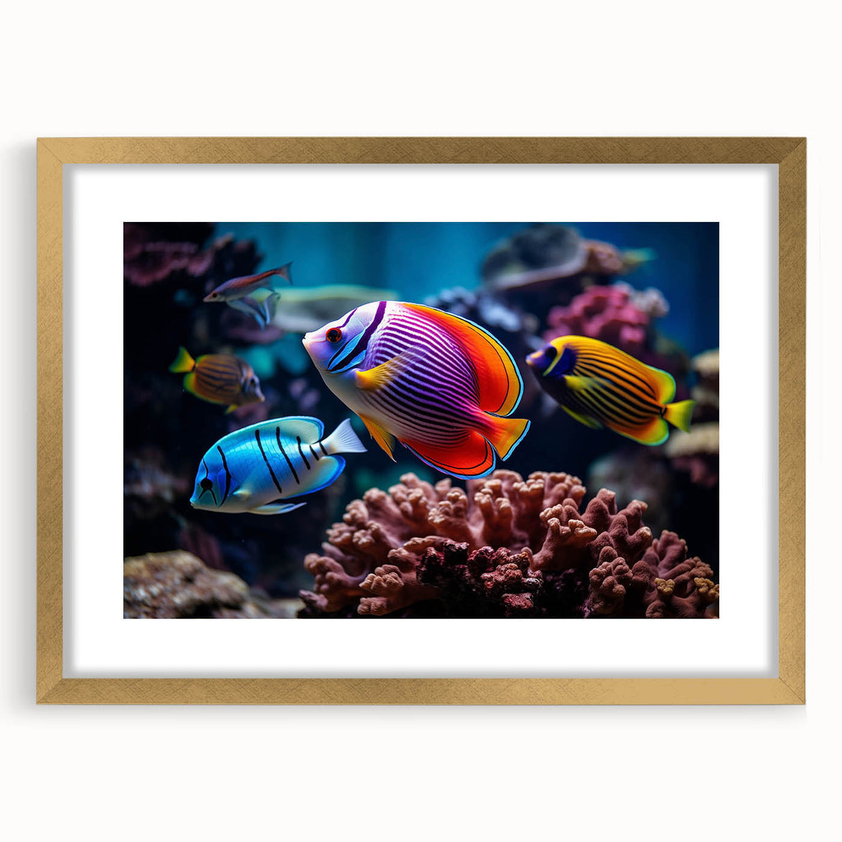 Framed wall art featuring a vibrant marine life fish design with gold accents, perfect for ocean-themed decor. The artwork is displayed with a mat, enhancing its elegance and appeal.