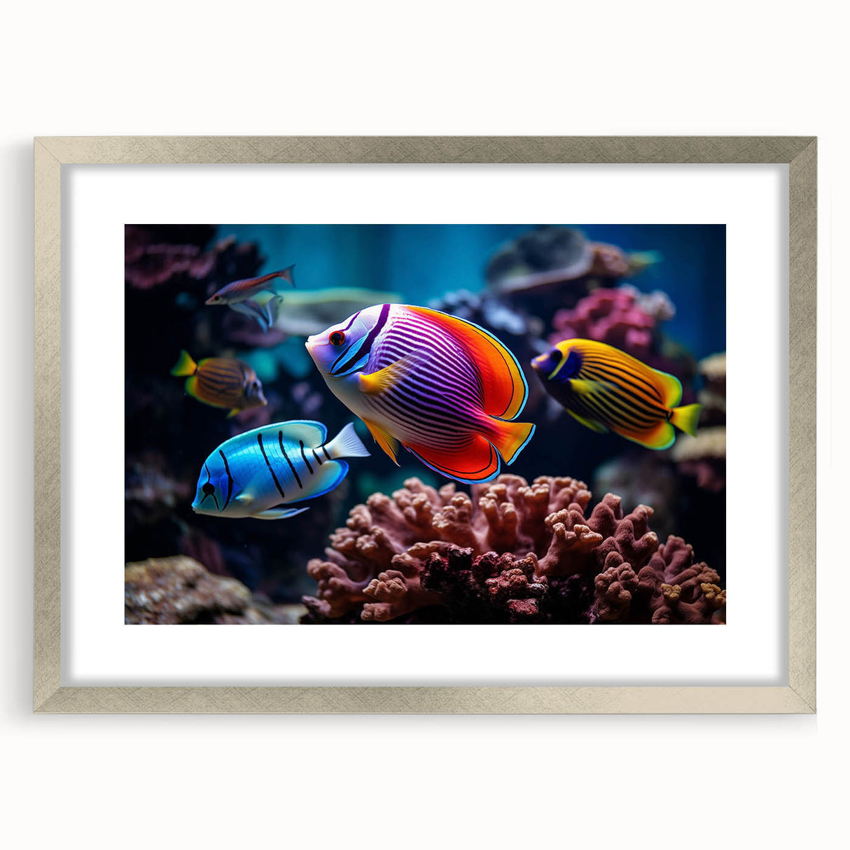 Framed marine life wall art collection featuring colorful fish designs in a sleek silver frame with a mat, ideal for ocean-themed decor and aquatic enthusiasts.