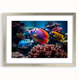 Framed marine life wall art collection featuring colorful fish designs in a sleek silver frame with a mat, ideal for ocean-themed decor and aquatic enthusiasts.