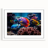 Framed wall art featuring a colorful marine life fish design in a white mat, showcasing vibrant aquatic colors and intricate details, ideal for ocean-themed decor.