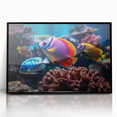 Framed wall art piece showcasing a vibrant marine life fish design, featuring colorful aquatic creatures against a sleek black background, perfect for ocean-themed decor.
