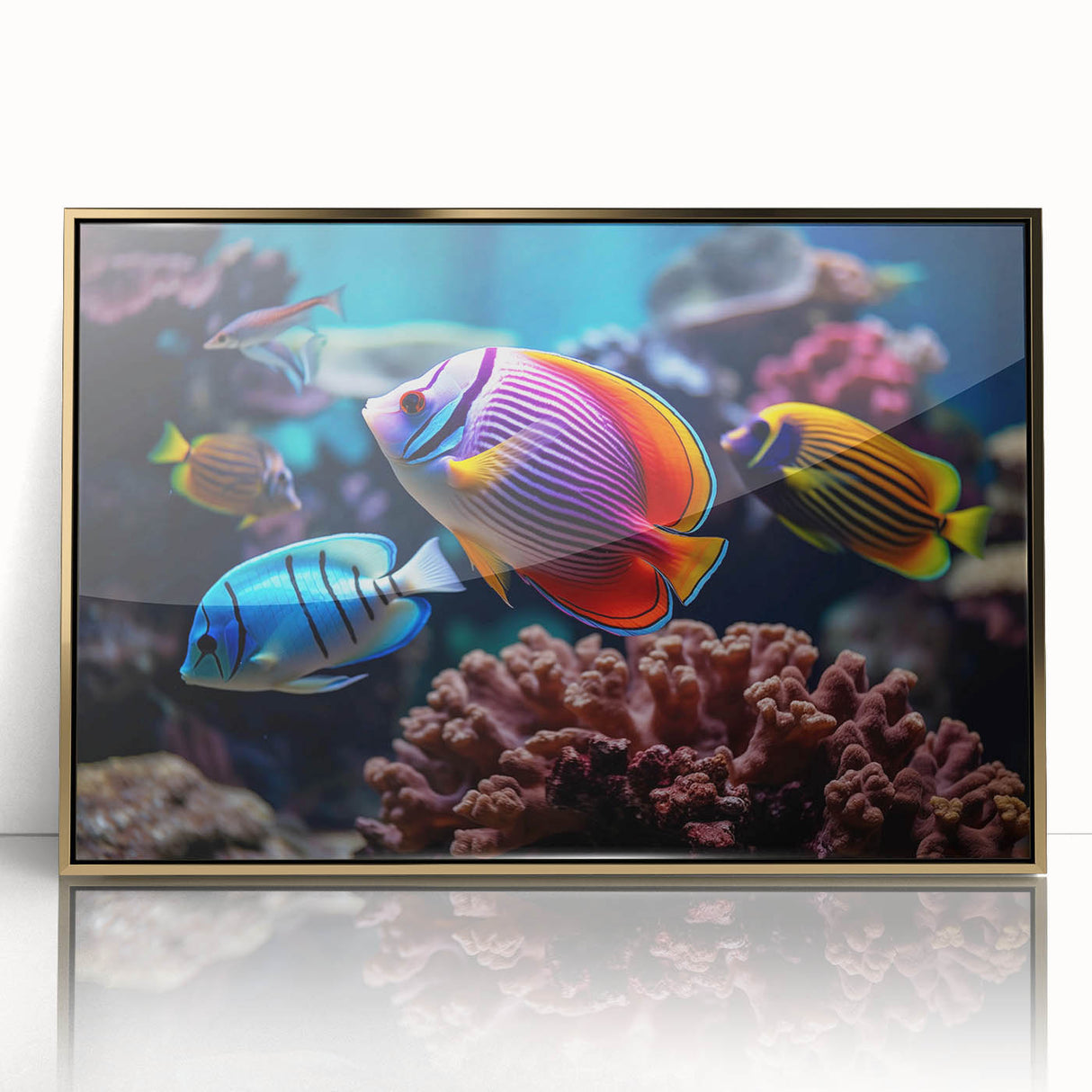 Framed acrylic wall art showcasing an intricate marine life fish design with gold accents, perfect for enhancing coastal-themed decor. The striking colors and detailed illustration create a vibrant focal point for any room.