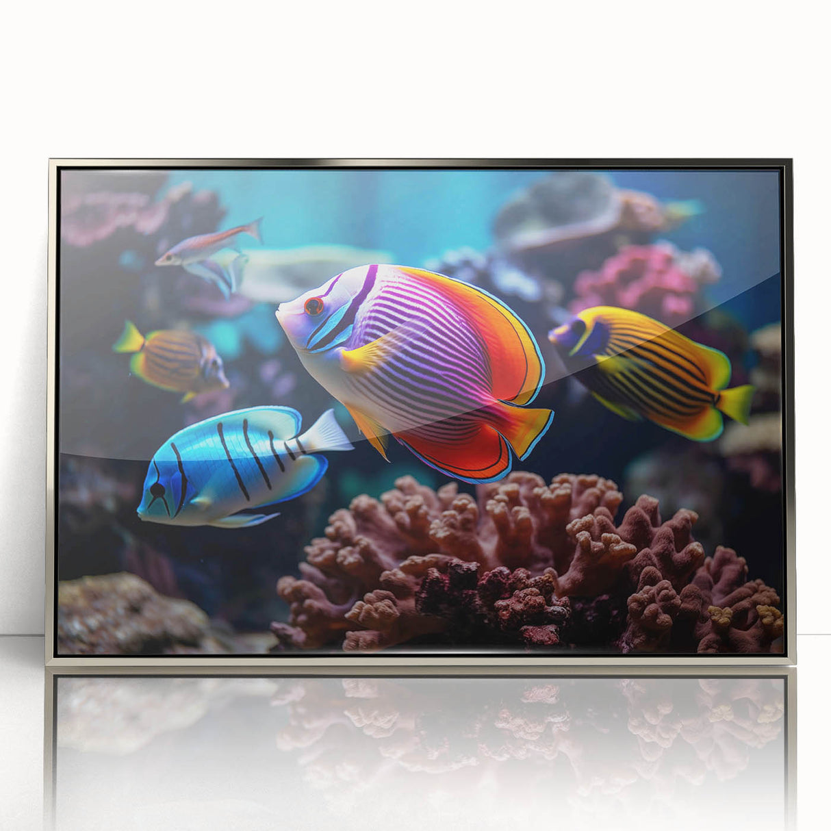 Framed acrylic wall art showcasing a vibrant marine life fish design, featuring shades of blue and green, elegantly displayed with a sleek silver frame. Ideal for ocean-themed decor.