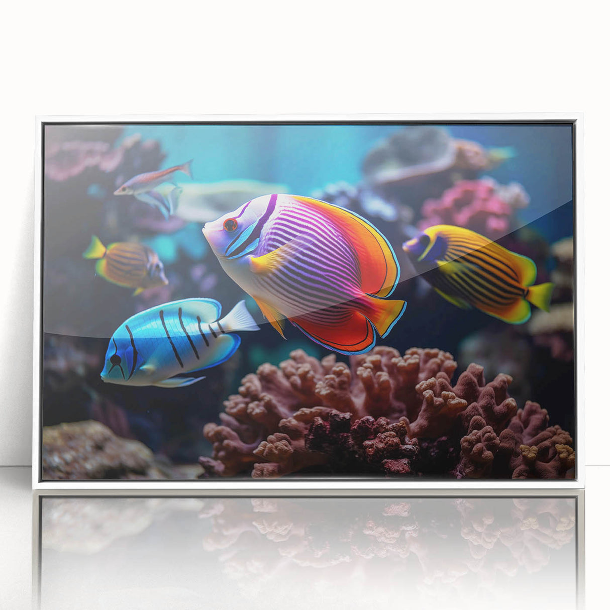 Framed wall art featuring a vibrant marine life fish design, displayed in a sleek white frame with acrylic front, perfect for aquatic-themed decor.