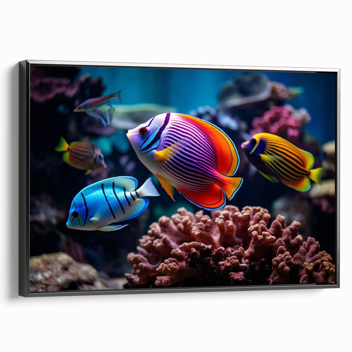 Framed wall art featuring a detailed marine life fish design on canvas, showcasing vibrant colors and intricate patterns, presented in a sleek black frame, perfect for ocean-themed decor.