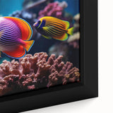 Close-up view of a framed canvas depicting a vibrant marine life fish design, showcasing intricate details and colors, ideal for ocean-themed home decor.