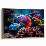 Framed canvas wall art showcasing a vibrant marine life fish design in gold tones, perfect for adding a touch of oceanic elegance to home decor. Ideal for aquatic-themed spaces.