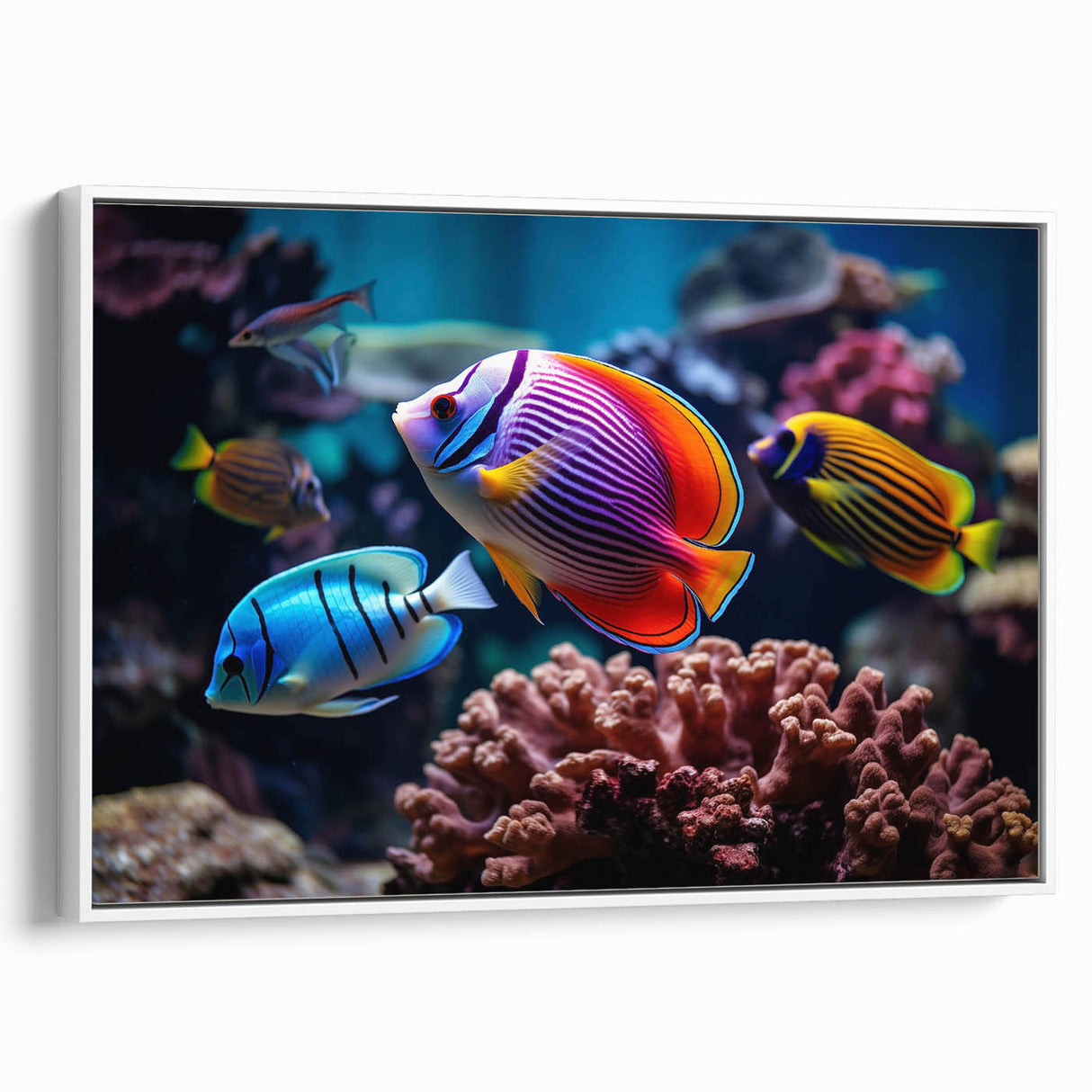 Framed canvas wall art showcasing a vibrant marine life fish design, featuring colorful aquatic creatures, displayed in a bright white frame, adding a lively touch to any decor.