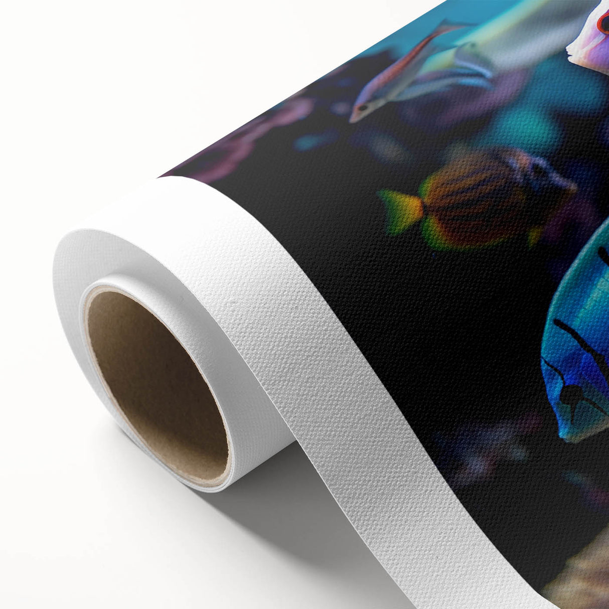 Vibrant marine life wall art design showcasing colorful fish and aquatic plants on rolled canvas, perfect for ocean-themed decor. Ideal for adding a touch of nature to any room.
