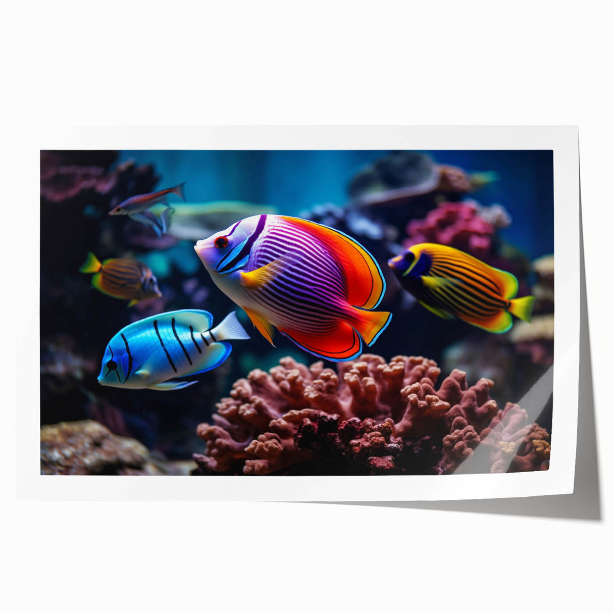 Vibrant marine life wall art print showcasing an array of colorful fish and underwater plants, rolled for easy shipping in a protective tube, perfect for ocean-themed decor.