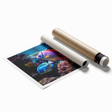 Colorful marine life wall art print showcasing various fish species in a vibrant underwater scene, rolled and ready for framing, perfect for ocean-themed decor.