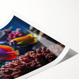 Vibrant marine life wall art print showcasing colorful fish designs, rolled for easy display and shipping, perfect for ocean-themed decor in homes or offices.