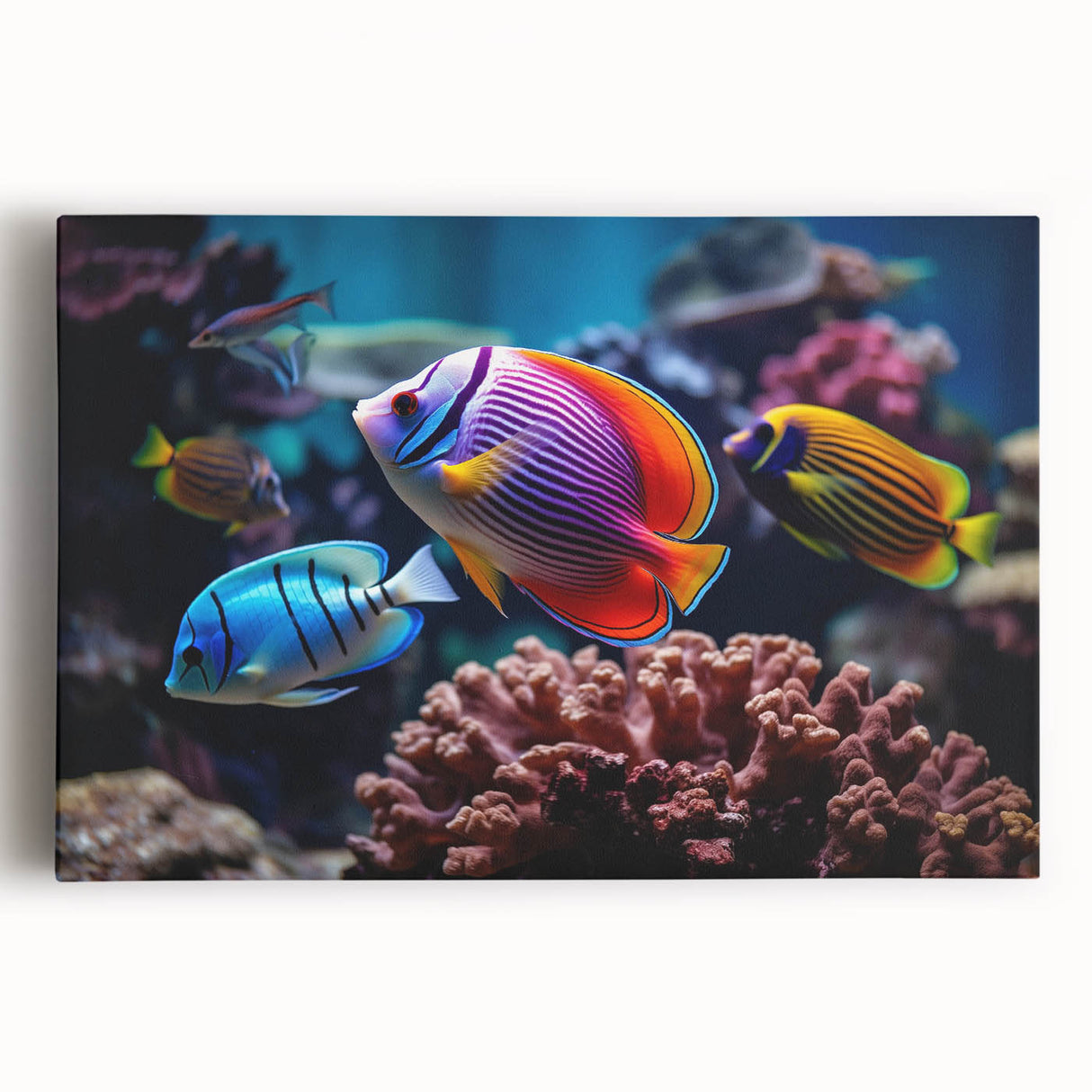Vibrant stretched canvas wall art featuring a colorful marine life fish design, showcasing intricate details and textures, perfect for ocean-themed decor.