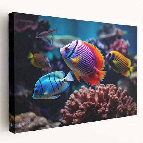 Stretched canvas wall art featuring a vibrant marine life fish design with detailed underwater colors and textures, perfect for ocean-themed decor.